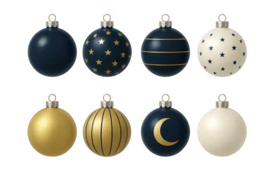 Decorative ornaments in blue, gold, and white showcasing various designs for festive celebrations during winter season