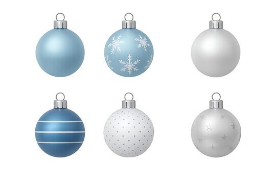 Collection of decorative Christmas ornaments in blue and white colors with various designs for holiday decoration