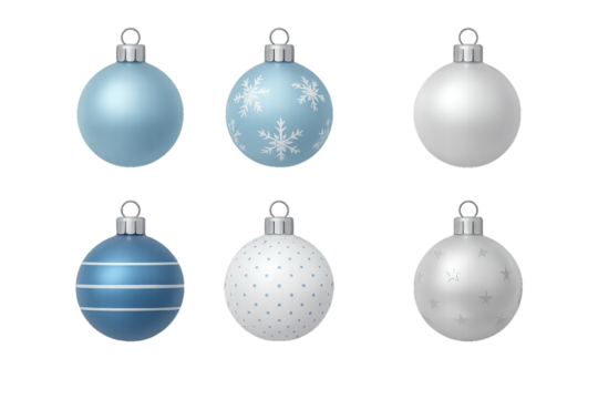 Collection of decorative Christmas ornaments in blue and white colors with various designs for holiday decoration