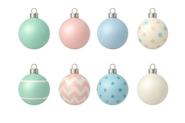 Colorful Christmas ornaments in pastel shades arranged in an appealing pattern for seasonal decoration inspiration