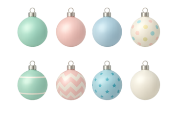 Colorful Christmas ornaments in pastel shades arranged in an appealing pattern for seasonal decoration inspiration
