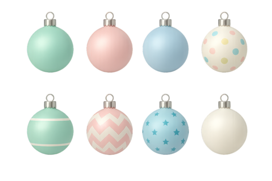 Colorful Christmas ornaments in pastel shades arranged in an appealing pattern for seasonal decoration inspiration
