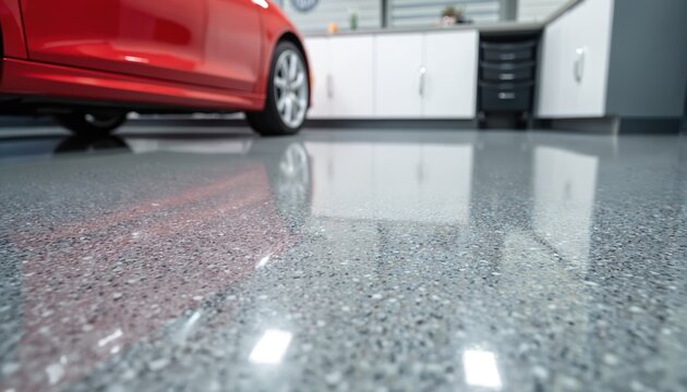 Modern garage interior beautiful grey epoxy floor. Shiny red car reflects on clean, polished, speckled surface. White cabinets offer organized storage solutions for tools. Durable concrete treatment