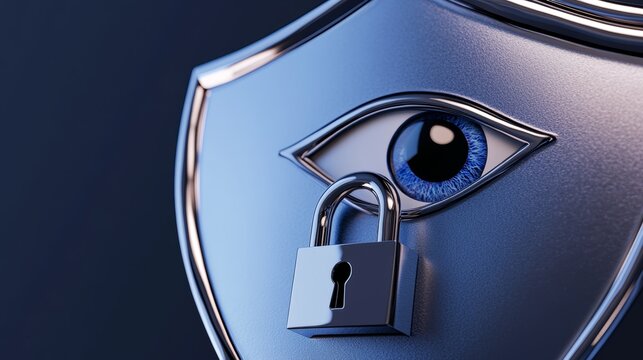 Illustration of a vigilant eye integrated with a shield and padlock for cyber security and monitoring