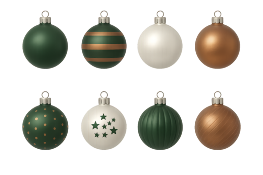 Various Christmas ornaments in green, white, and gold displayed together for holiday decoration ideas