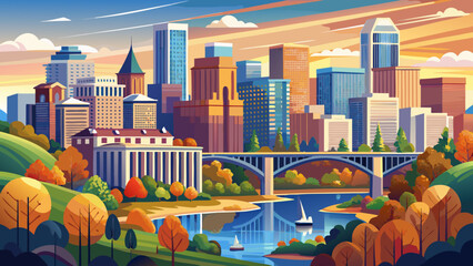 Very beautiful skyline of Richmond, Virginia, USA, featuring modern high-rise buildings, the James River, city bridges, and warm natural light creating a realistic vibrant urban landscape.