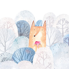 Naklejka premium Winter. Watercolor illustration. Cute fox. Winter watercolor forest. Breakfast in the forest.