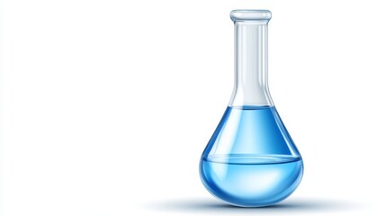 Isolated laboratory flask with bright blue fluid on white background