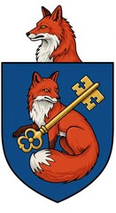 Obraz premium Heraldic coat of arms featuring a red fox clutching a golden antique key on a blue shield