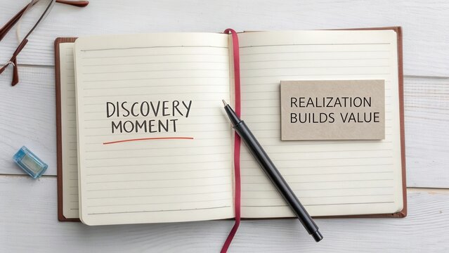 Inspirational Notes on Discovery Moments and Realization Building Value in a Notebook with Pen on a White Wooden Surface