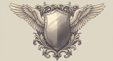 Ornate metallic crest featuring a blank shield flanked by detailed wings and decorative scrollwork