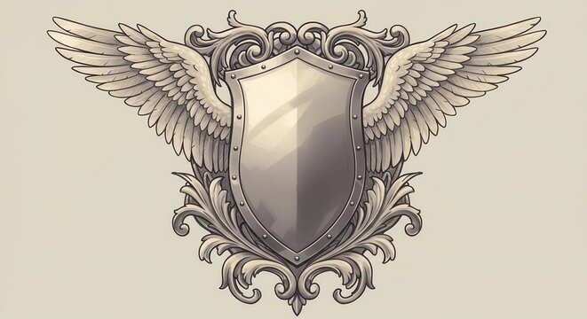 Ornate metallic crest featuring a blank shield flanked by detailed wings and decorative scrollwork