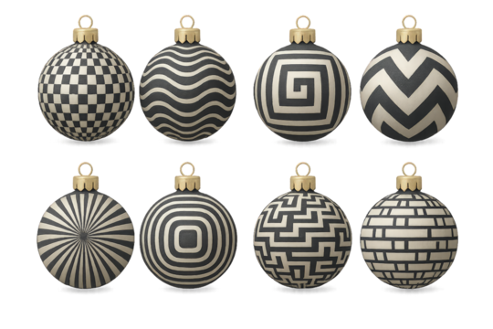 Unique black and white holiday ornaments with various geometric patterns displayed together
