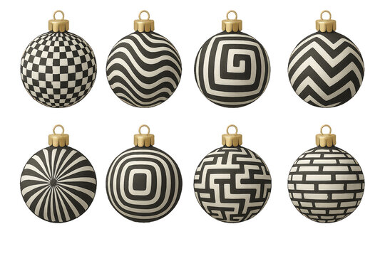 Decorative black and white Christmas ornaments with unique patterns for the festive season