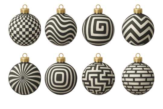 Decorative black and white Christmas ornaments with unique patterns for the festive season