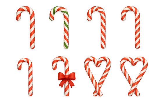 Colorful candy canes arranged in various shapes for holiday decorations and festive celebrations