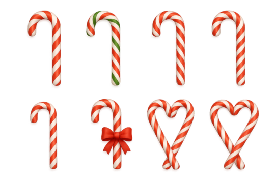 Colorful candy canes arranged in various shapes for holiday decorations and festive celebrations