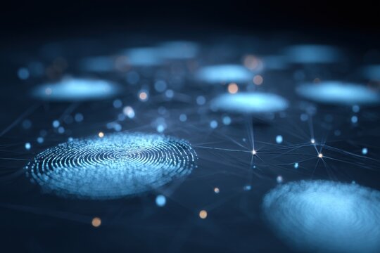 Glowing blue digital fingerprint holograms hover in a dark environment showing futuristic technology and cybersecurity concepts