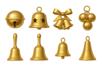 Decorative golden bells and ornaments arranged in various shapes and designs for festive celebrations