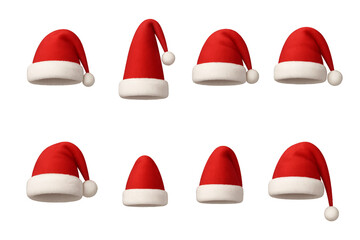 Festive red and white Christmas hats arranged in various positions for holiday celebrations and decorations