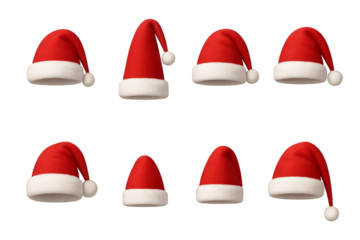 Festive red and white Christmas hats arranged in various positions for holiday celebrations and decorations