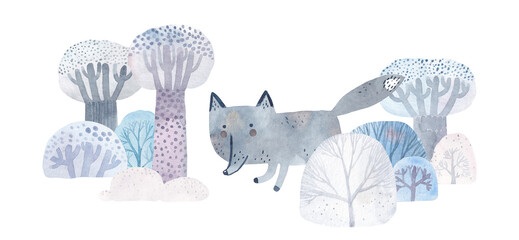A cute wolf in the forest. Winter forest. Illustration for children. Watercolor.