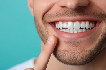 Man pointing at his healthy white teeth in close up detail against a soft pastel blue background