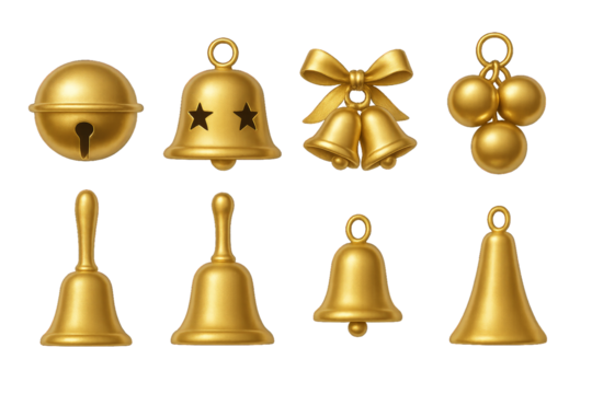 Decorative golden bells and ornaments arranged in various shapes and designs for festive celebrations