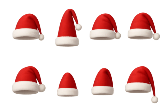 Festive red and white Christmas hats arranged in various positions for holiday celebrations and decorations