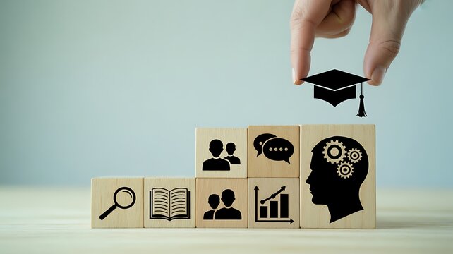 Hand placing graduation cap on wooden blocks representing education steps