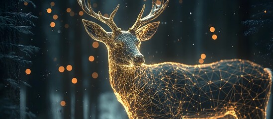 Digital golden reindeer. Technological Christmas design. Snowy background. Digital art style. Christmas technology concept. Advertising illustration. Copy space for product.