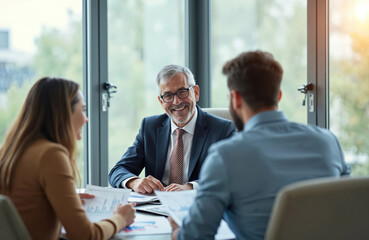 Mature financial advisor meets young couple at office. They discuss investment. The man explains data charts, offers consultation. Business partners talk about future plans with consultant.