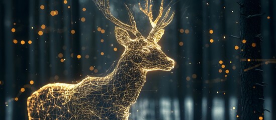 Digital golden reindeer. Technological Christmas design. Snowy background. Digital art style. Christmas technology concept. Advertising illustration. Copy space for product.