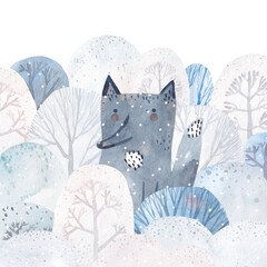 Winter. Cute wolf. Winter watercolor forest.