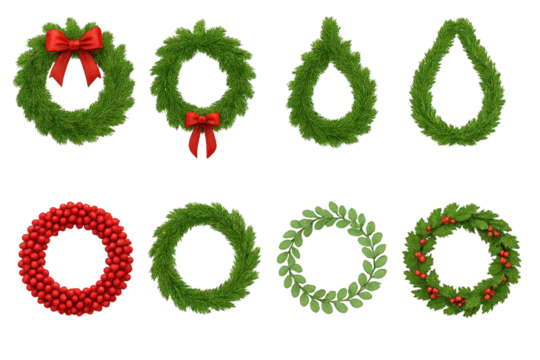 Beautiful collection of festive wreaths in various shapes and styles for holiday decoration