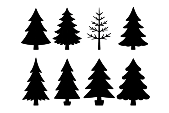 Collection of various tree silhouettes in black on a white background showcasing different shapes and sizes