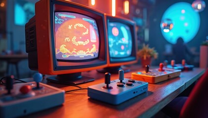 Retro game consoles, joysticks displayed. Vintage gaming setup features classic arcade style controllers. Nostalgic games on computer screens. Focus on retro technology, entertainment arcade gaming.