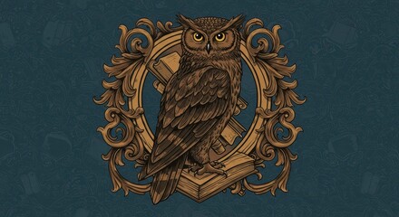Detailed engraving style depiction of a stately owl perched upon antique books framed by ornate woodwork against a dark patterned backdrop