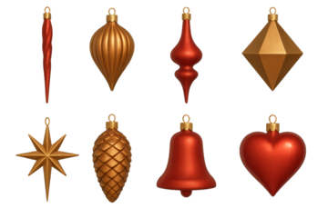 Shiny red and gold Christmas ornaments arranged on a white background for festive decoration ideas