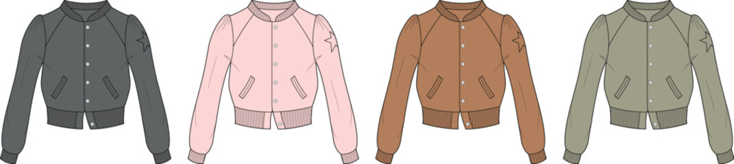 Obraz premium Set of four bomber jackets in different colors on a white background