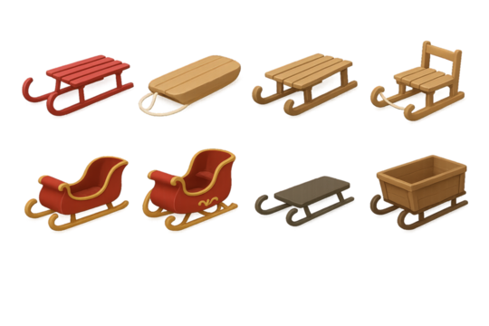 Various sleds and sled-like toys on display in different colors and designs for winter activities