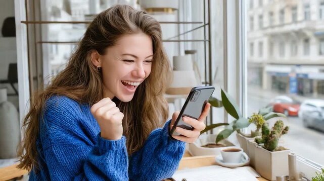 Digital Triumph: A jubilant woman, engrossed in her phone, exudes unbridled excitement, suggesting a moment of personal triumph or delightful news.