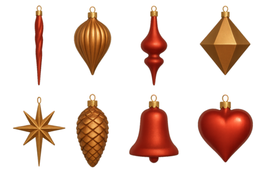 Shiny red and gold Christmas ornaments arranged on a white background for festive decoration ideas