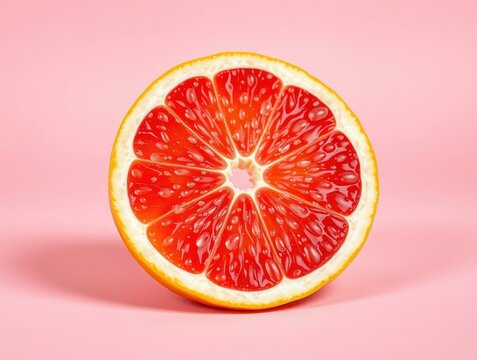 A vibrant and juicy slice of grapefruit displayed against a soft pink background, highlighting its texture and color.