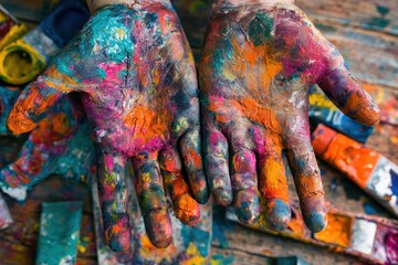 Creative hands covered in vibrant paint showcase the artistry and passion of a dedicated artist working in a colorful art studio during the daytime