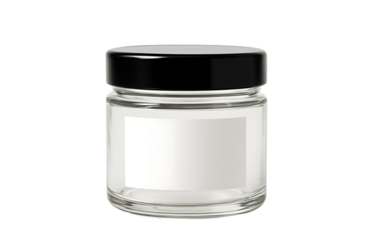 Small, clear glass cosmetic jar with a shiny black screw-on cap and a blank white label mockup isolated on transparent background