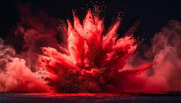 A vibrant burst of red dust explodes dramatically against a dark backdrop, creating a captivating visual effect