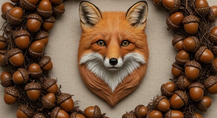 Fototapeta premium Realistic depiction of a fox bust centered within a rustic wreath crafted from numerous brown acorns