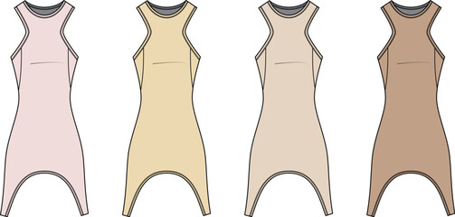 Set of women's racerback activewear dresses in a neutral color palette. Technical flat fashion sketch for apparel design