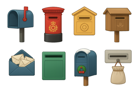 Variety of colorful mailboxes showcasing different styles and designs in a whimsical setting